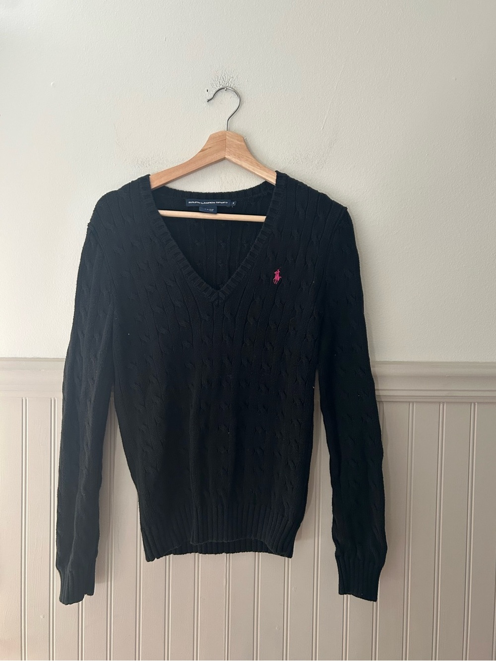 Vintage Ralph Lauren Sport Black Cable Knit V Neck Sweater Medium